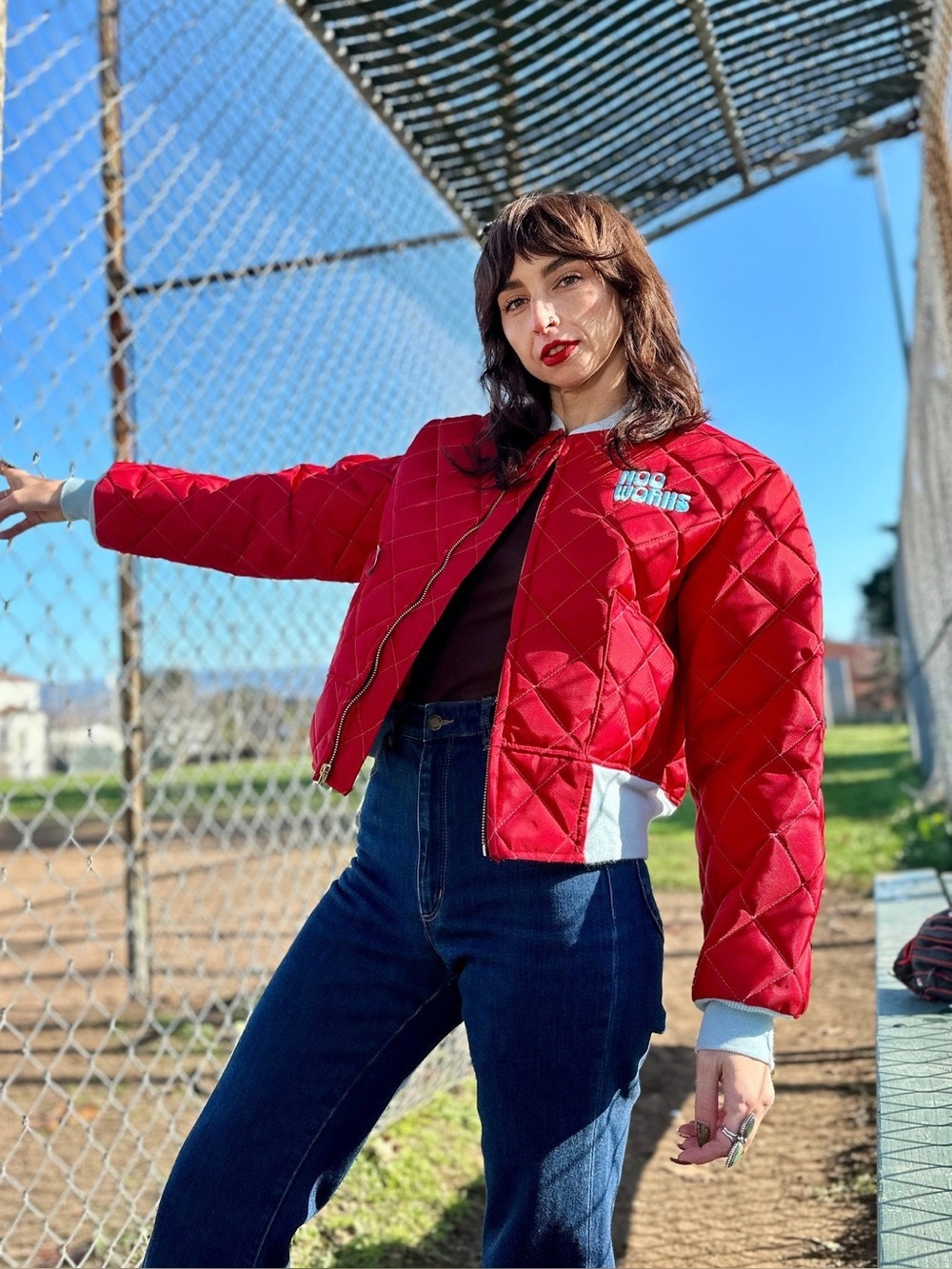Nooworks Red Quilted Bomber Jacket with Contrast Trim Cropped Full Zip
